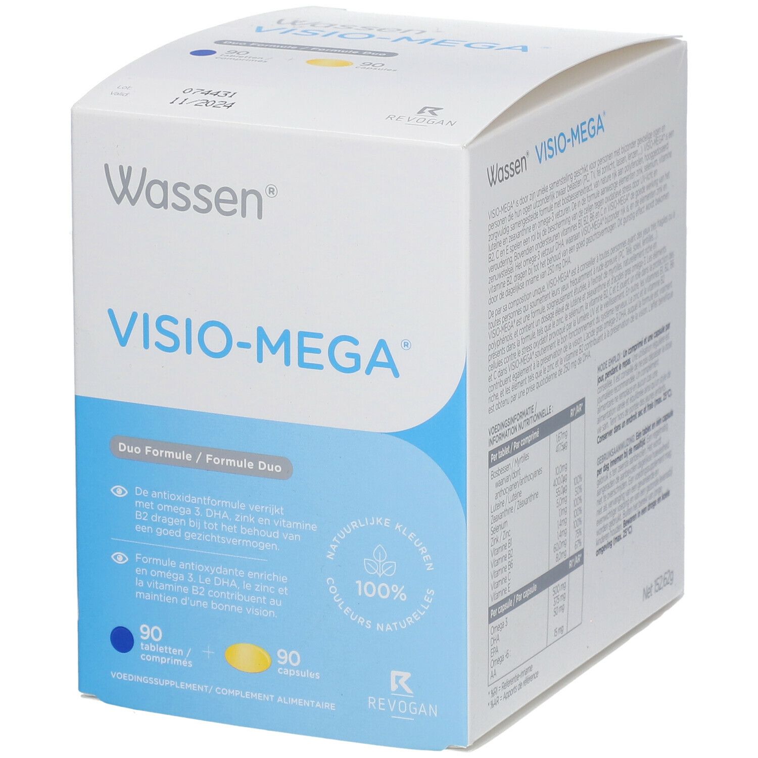 Wassen Visio-Mega verpakking. Bevat 90 tabletten en 90 capsules. Houdbaarheidsdatum: 11/2024. Revogan logo.