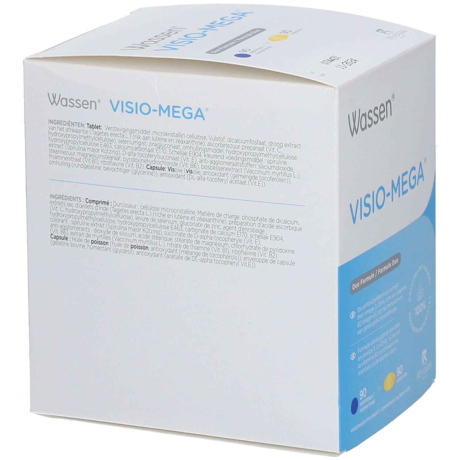 Achterkant van de Wassen Visio-Mega verpakking. Bevat informatie over de ingrediënten van tabletten en capsules.