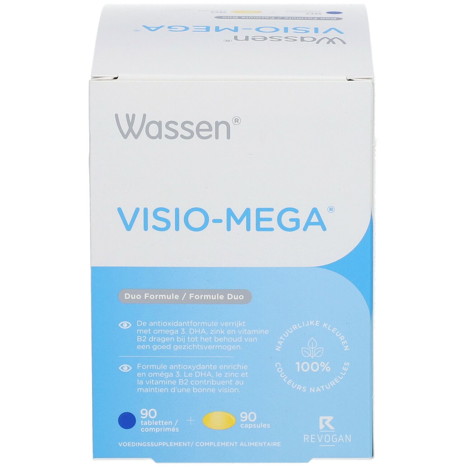 Wassen Visio-Mega verpakking. Duo Formule. Bevat 90 tabletten en 90 capsules. Natuurlijke kleuren. Revogan logo.