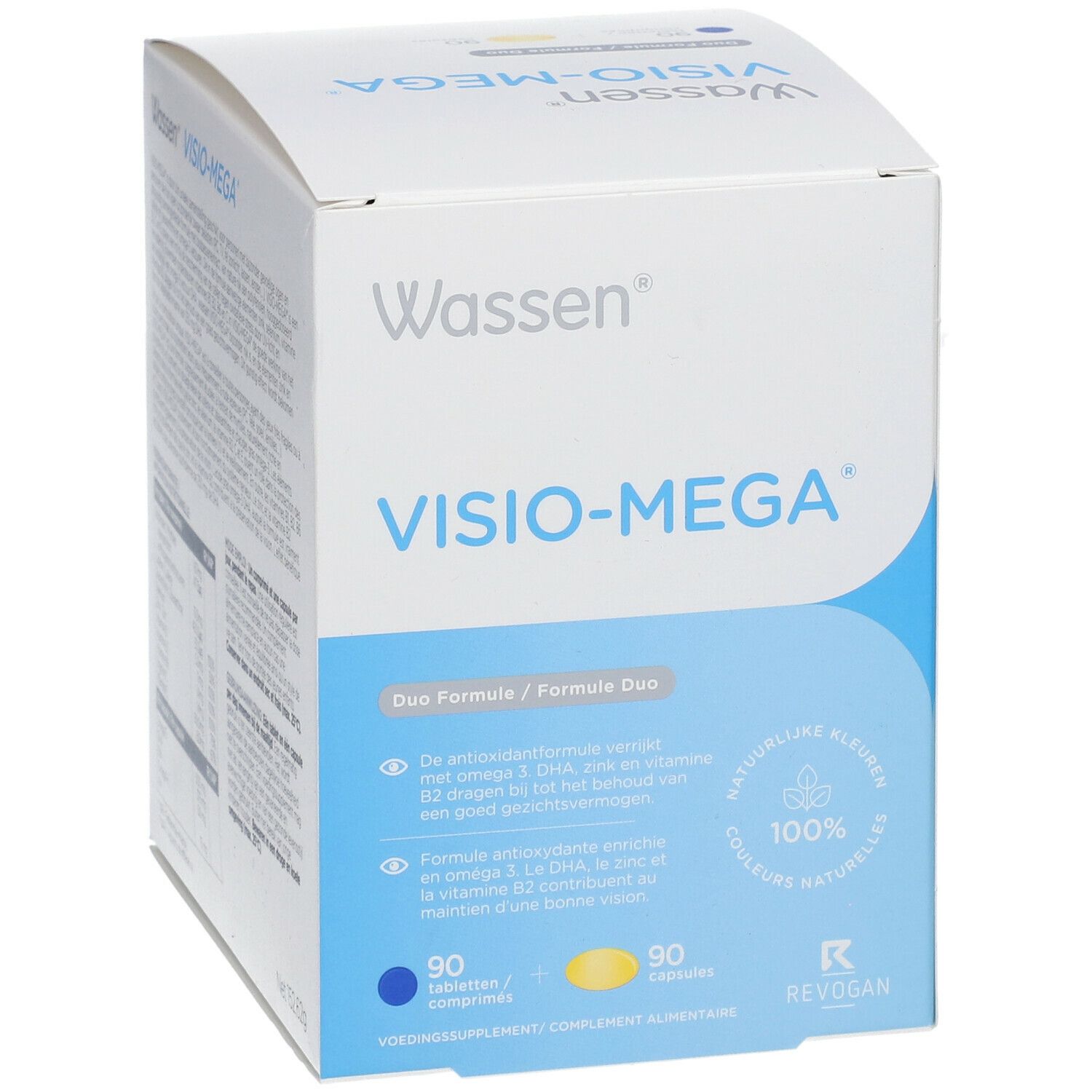 Wassen Visio-Mega verpakking. Duo Formule. Bevat 90 tabletten en 90 capsules. Natuurlijke kleuren. Revogan logo.