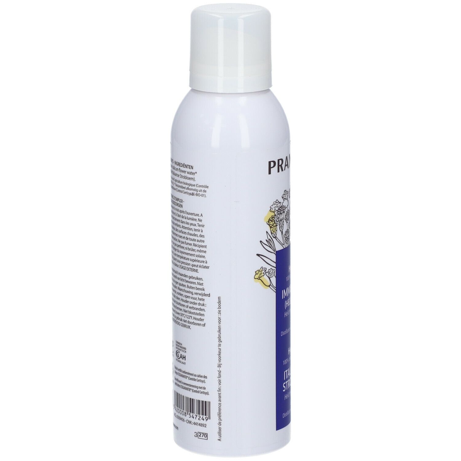 Spray blanc, vue latérale. Texte: Ingrédients, informations. Avec code-barres et certifications.