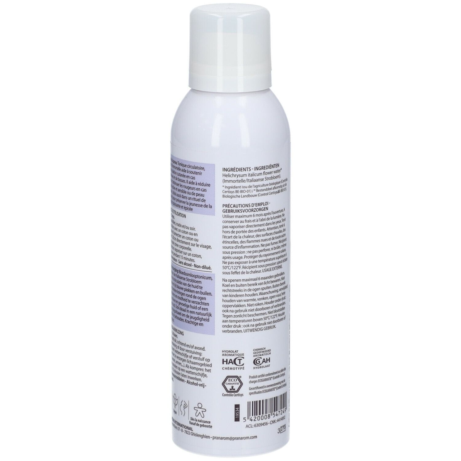 Spray blanc, vue arrière. Texte: Ingrédients, précautions. Avec certifications et code-barres.