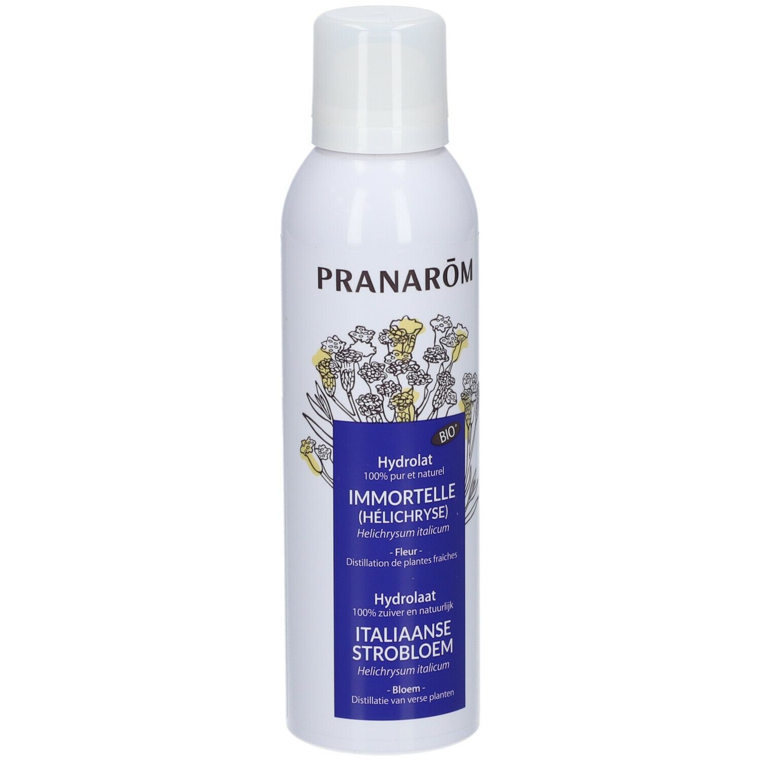 Spray blanc avec étiquette bleue. Inscription: Pranarôm, Immortelle (HÉLICHRYSE), BIO. Illustration florale.