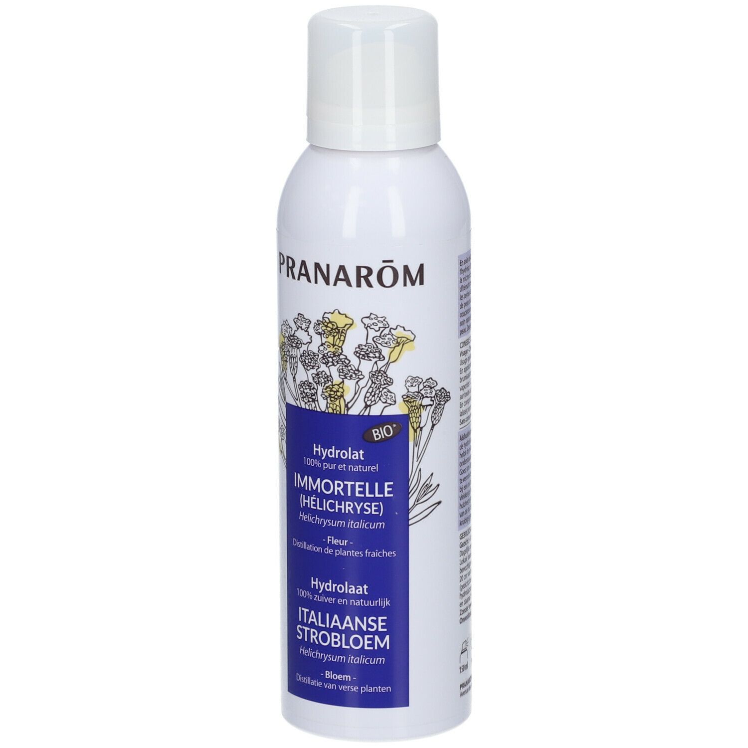Spray blanc avec étiquette bleue. Inscription: Pranarôm, Immortelle (HÉLICHRYSE), BIO. Illustration florale.