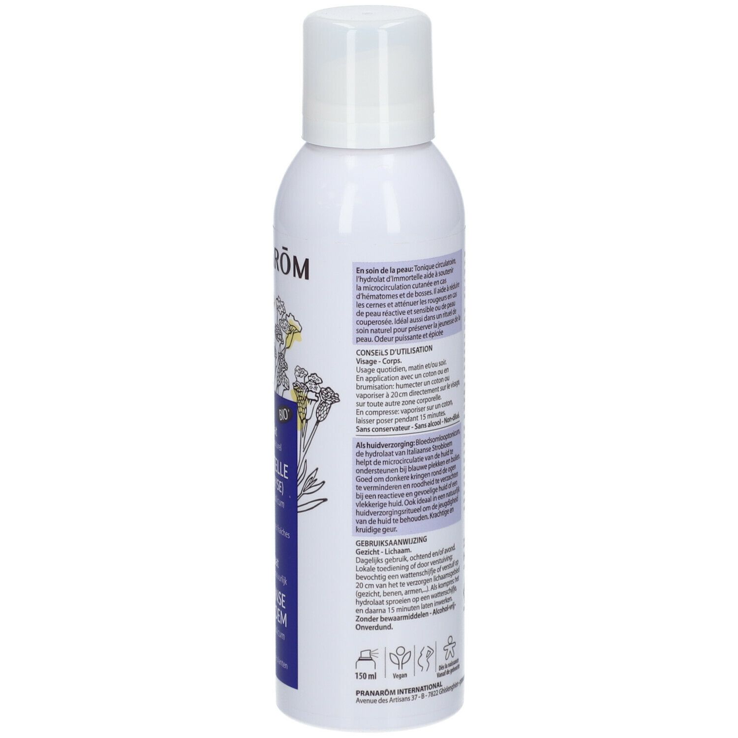 Spray blanc, vue arrière. Texte: Utilisation, ingrédients, informations. Avec certifications.