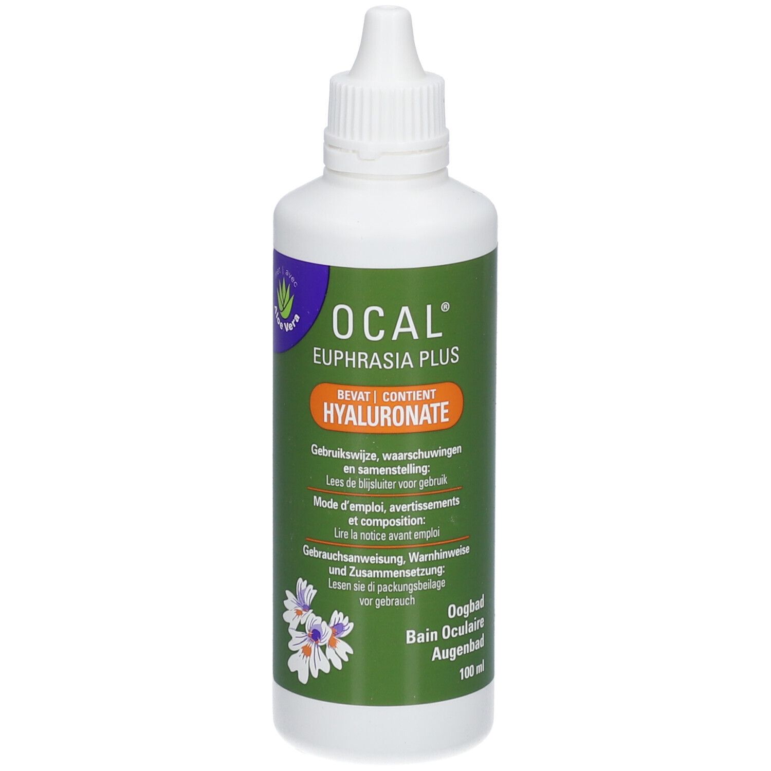 Flacon blanc, étiquette verte. OCAL Euphrasia Plus, Hyaluronate. Texte multilingue.