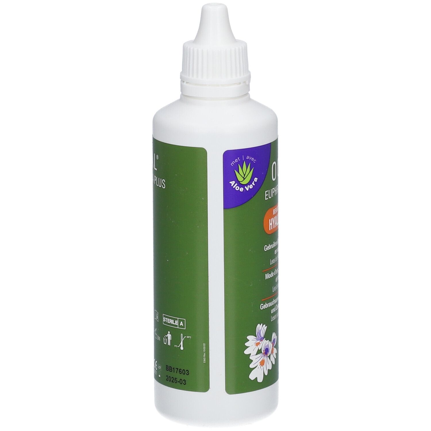 Flacon blanc, côté étiquette verte. OCAL Euphrasia Plus. Texte, symboles, logo Aloe Vera.