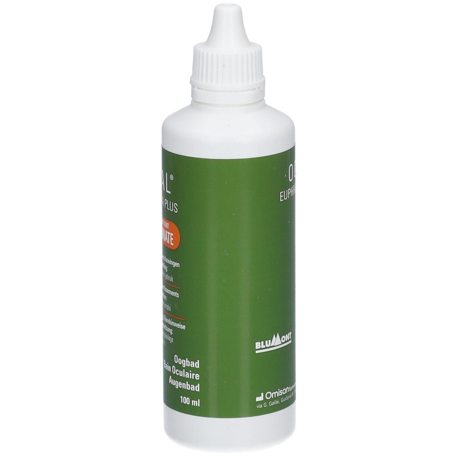 Flacon blanc, étiquette verte. OCAL Euphrasia Plus, Hyaluronate. Texte multilingue.