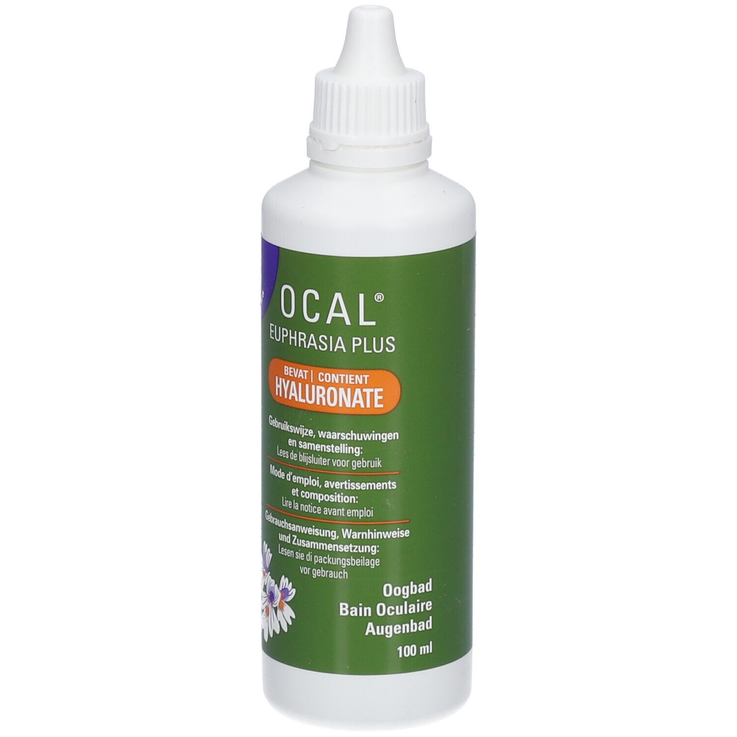 Flacon blanc, étiquette verte. OCAL Euphrasia Plus, Hyaluronate. Texte multilingue.