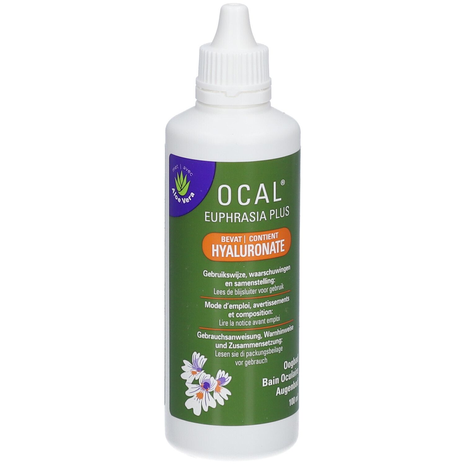 Flacon blanc, étiquette verte. OCAL Euphrasia Plus, Hyaluronate. Texte multilingue.