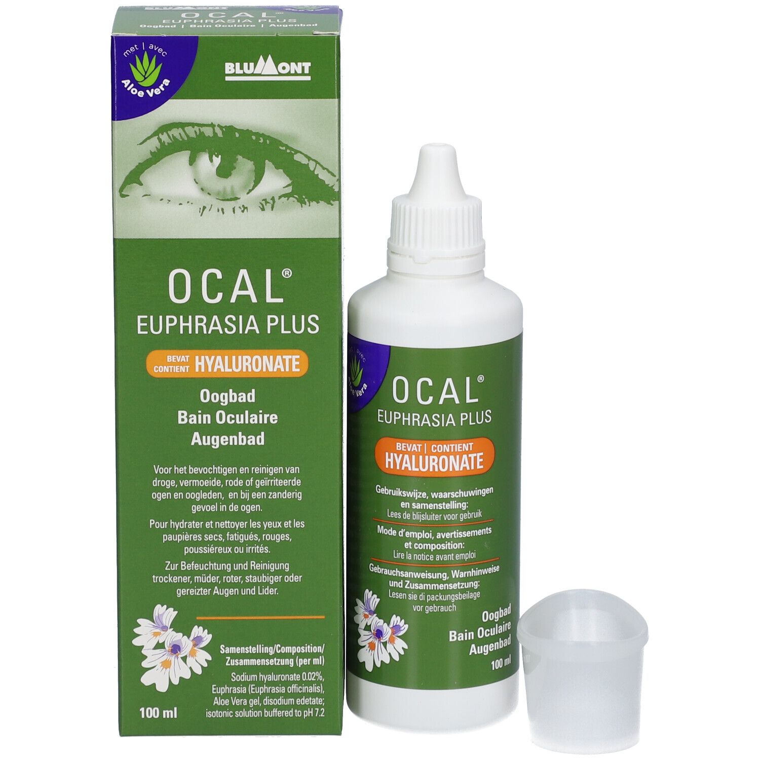 Emballage et flacon. OCAL Euphrasia Plus, Hyaluronate. Gobelet. Texte multilingue.