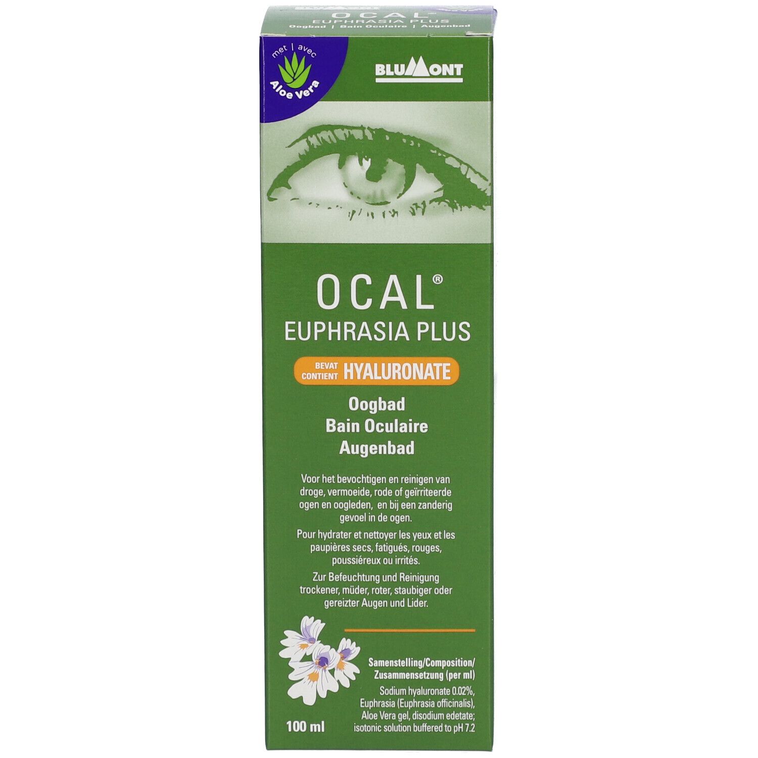 Emballage. OCAL Euphrasia Plus, Hyaluronate. Texte multilingue. Logo Aloe Vera.