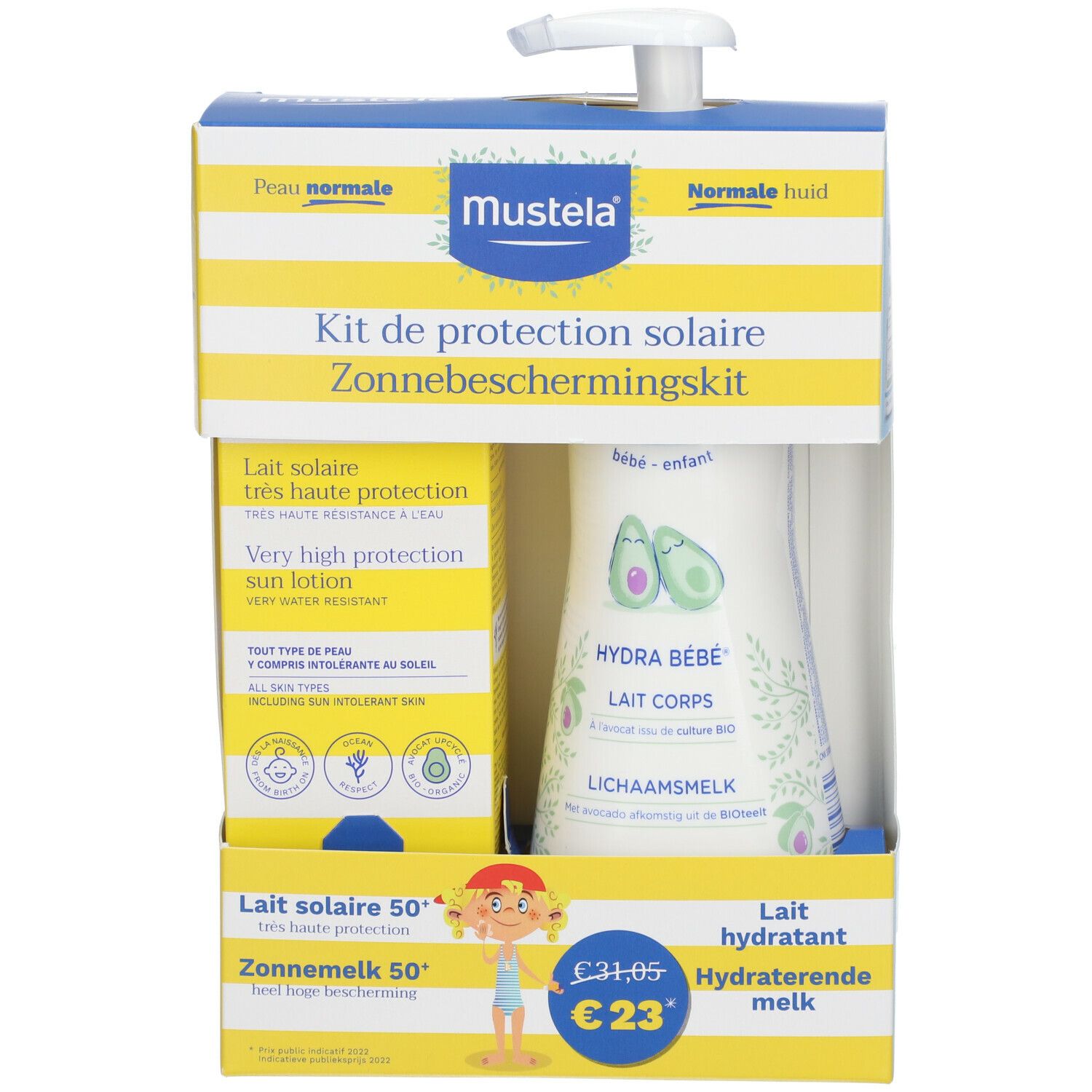 Coffret de protection solaire Mustela. Contient lait solaire SPF 50+ et Hydra Bébé Lait Corps. Emballage jaune et bleu avec noms de produits.