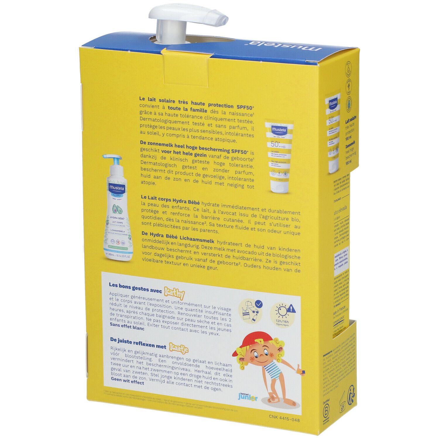 Dos de l'emballage de protection solaire. Texte en allemand, français et néerlandais. Informations sur les produits et illustrations.