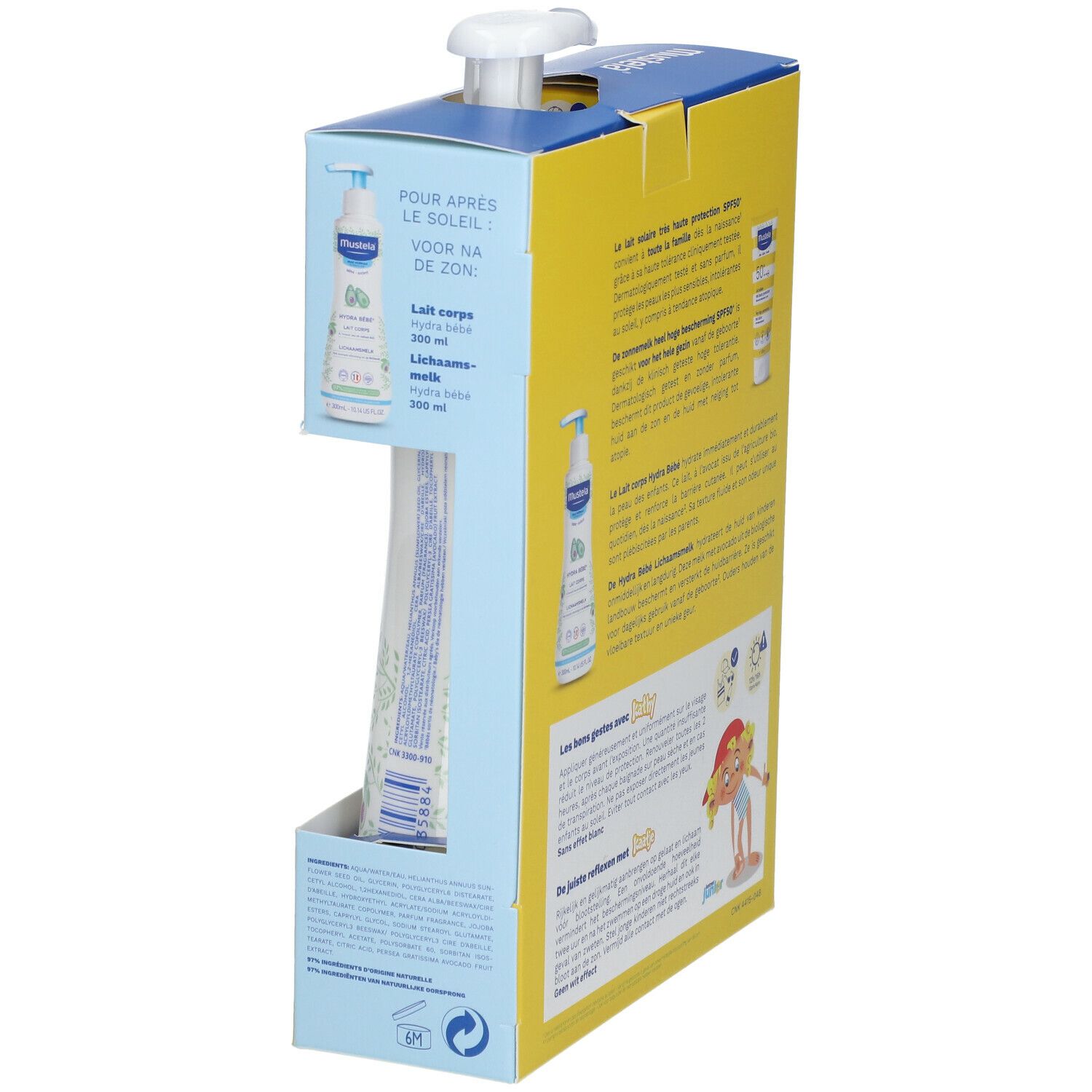 Vue latérale de l'emballage de protection solaire. Montre les produits et le texte. Contient des informations en plusieurs langues.