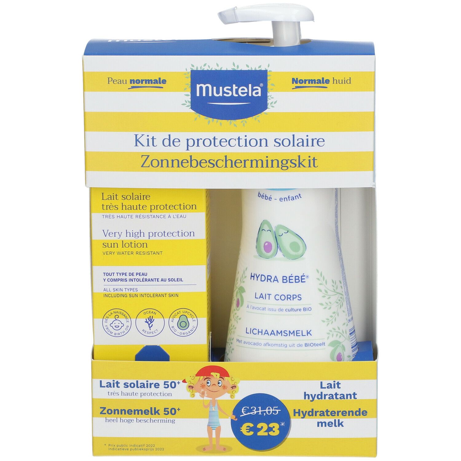 Coffret de protection solaire Mustela. Contient lait solaire SPF 50+ et Hydra Bébé Lait Corps. Emballage jaune et bleu avec noms de produits.