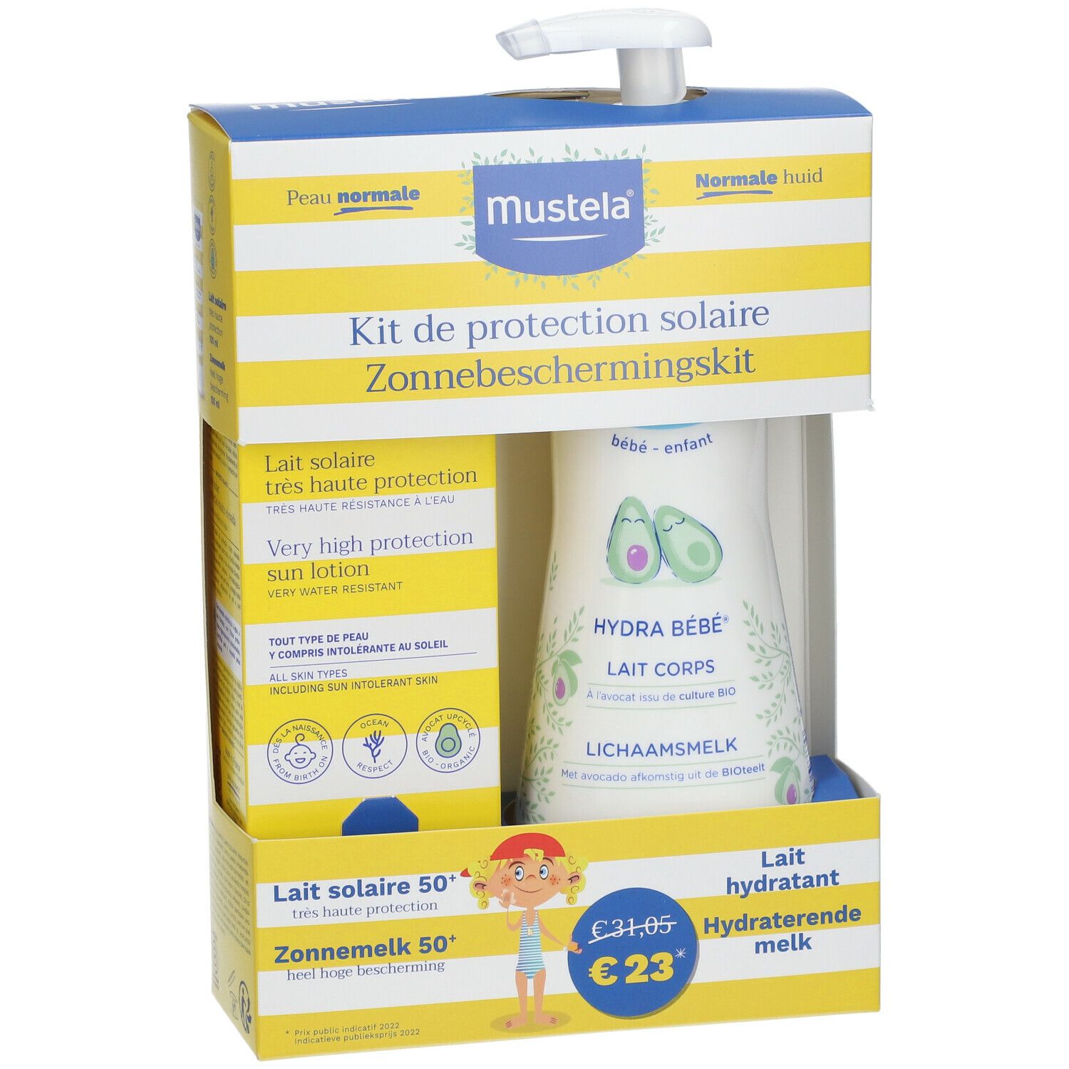 Coffret de protection solaire Mustela. Contient lait solaire SPF 50+ et Hydra Bébé Lait Corps. Emballage jaune et bleu avec noms de produits.