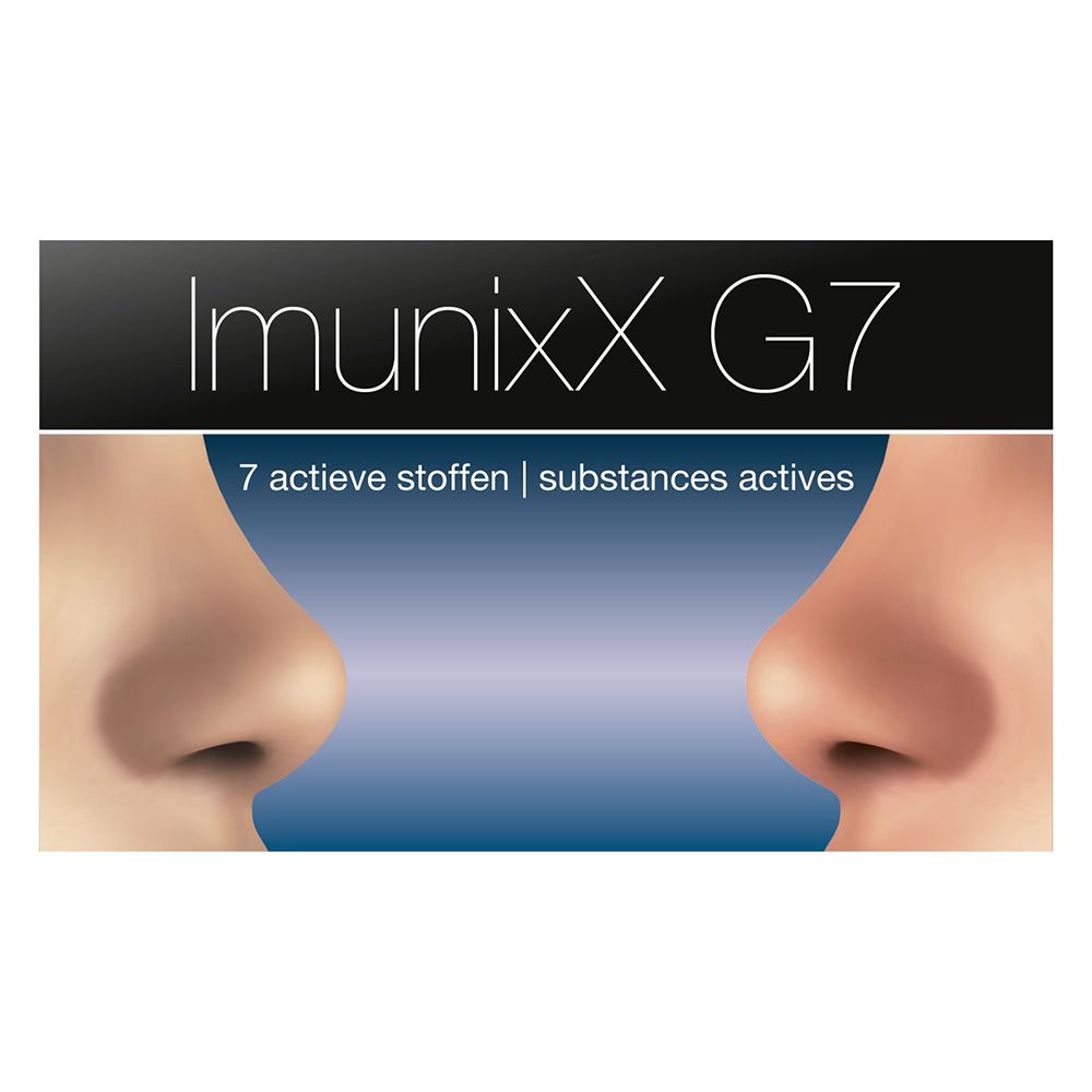 Verpakking ImunixX G7. Opschrift: ImunixX G7, 7 actieve stoffen, neusafbeelding. Zwarte achtergrond.