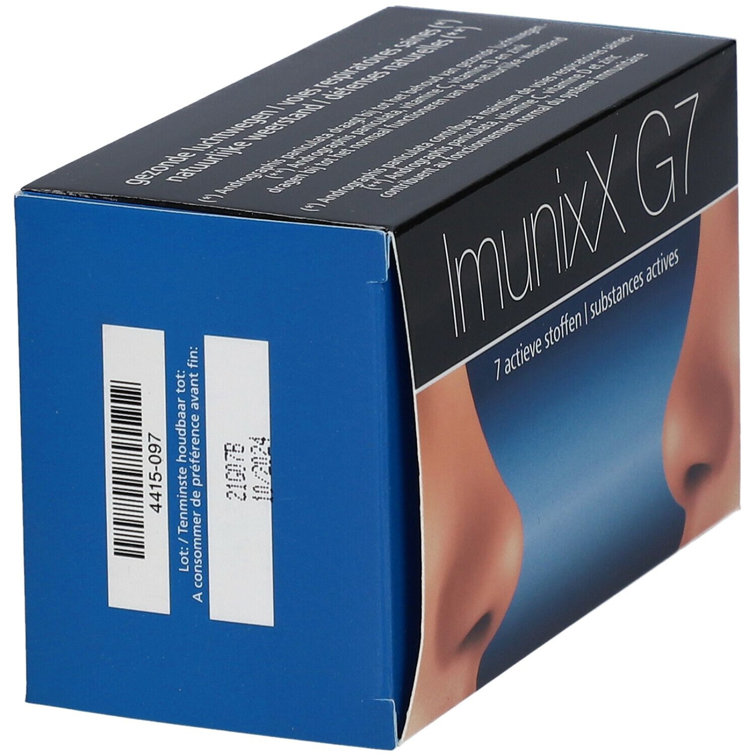 Blauwe doos ImunixX G7. Opschrift: ImunixX G7, 7 actieve stoffen. Op de zijkant: lotnummer en vervaldatum.