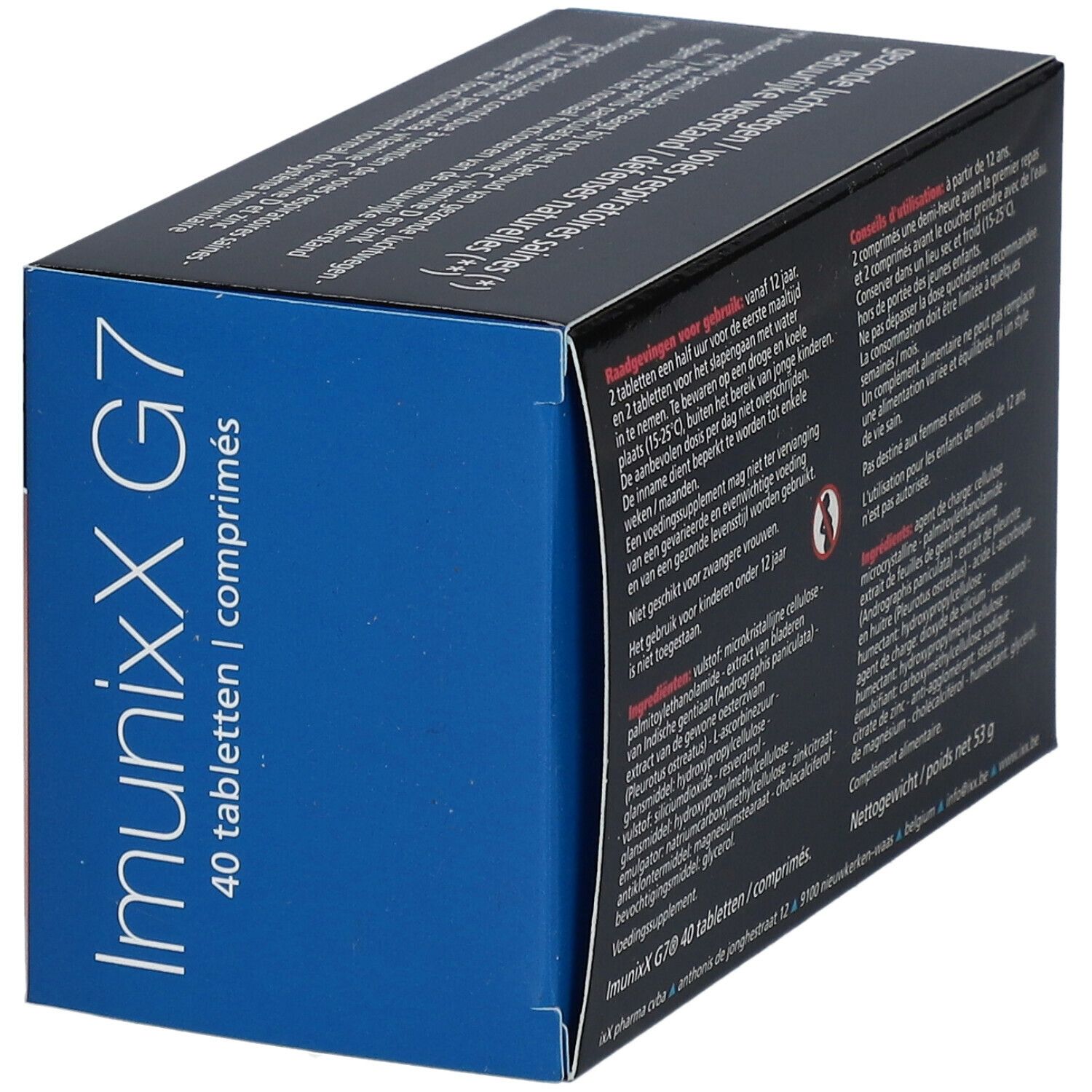 Zijkant van de doos ImunixX G7. Opschrift: ImunixX G7, 40 tabletten. Tekst in het Nederlands en Frans.
