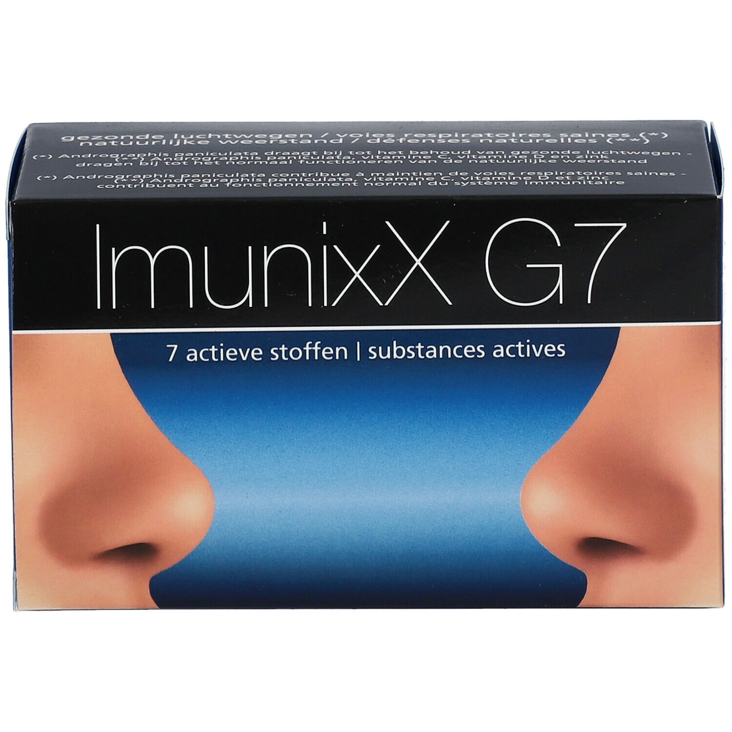 Doos ImunixX G7. Opschrift: ImunixX G7, 7 actieve stoffen, neusafbeelding. Tekst in het Nederlands en Frans.