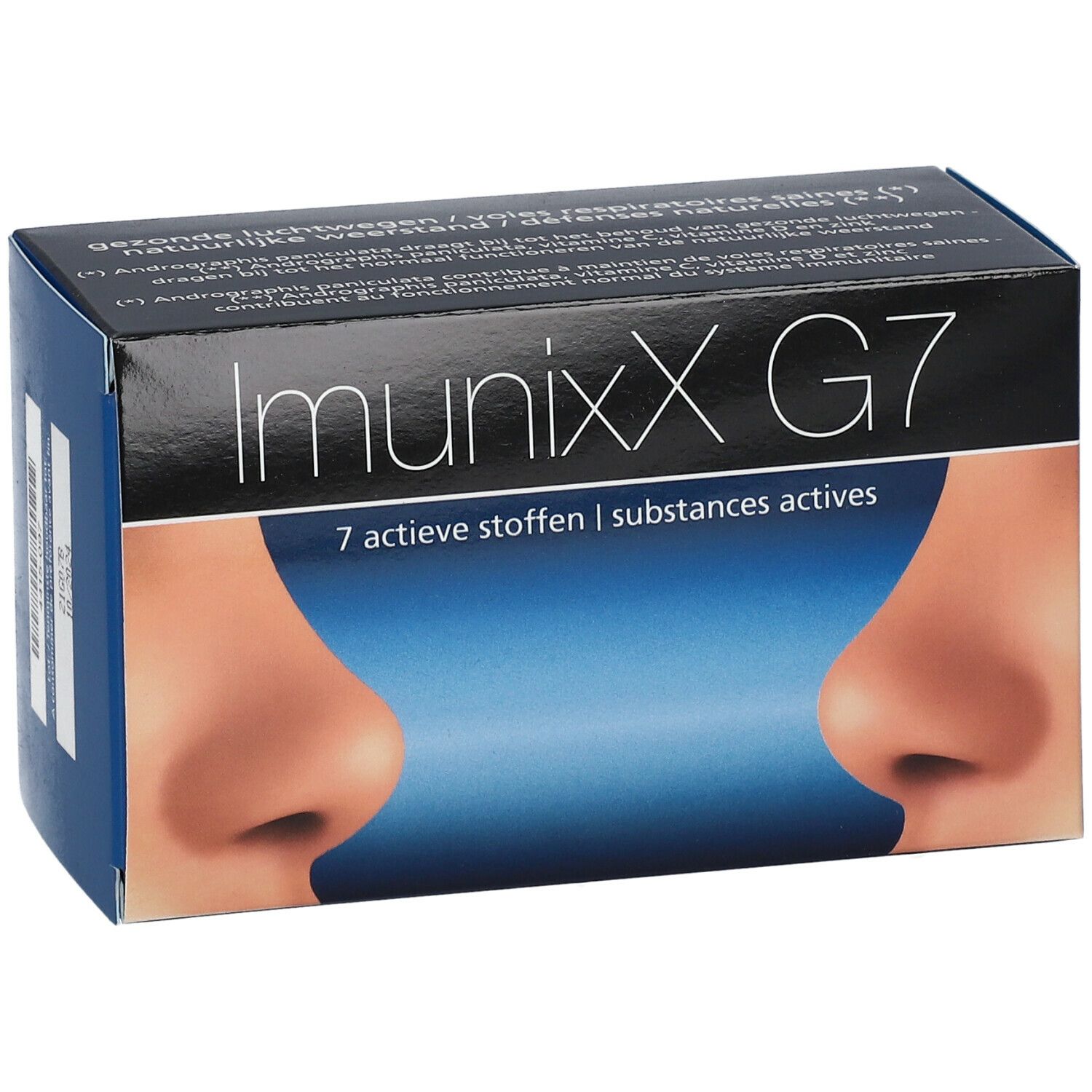 Doos ImunixX G7. Opschrift: ImunixX G7, 7 actieve stoffen, neusafbeelding. Tekst in het Nederlands en Frans.