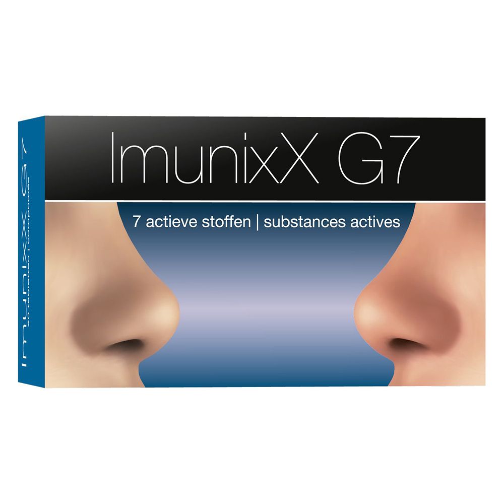 Verpakking ImunixX G7. Opschrift: ImunixX G7, 7 actieve stoffen, neusafbeelding. Blauwe en witte kleuren.