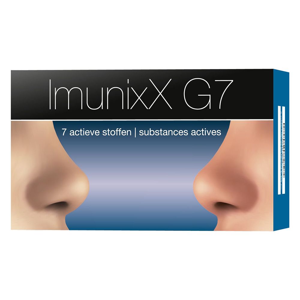 Verpakking ImunixX G7. Opschrift: ImunixX G7, 7 actieve stoffen, neusafbeelding. Blauwe en witte kleuren.
