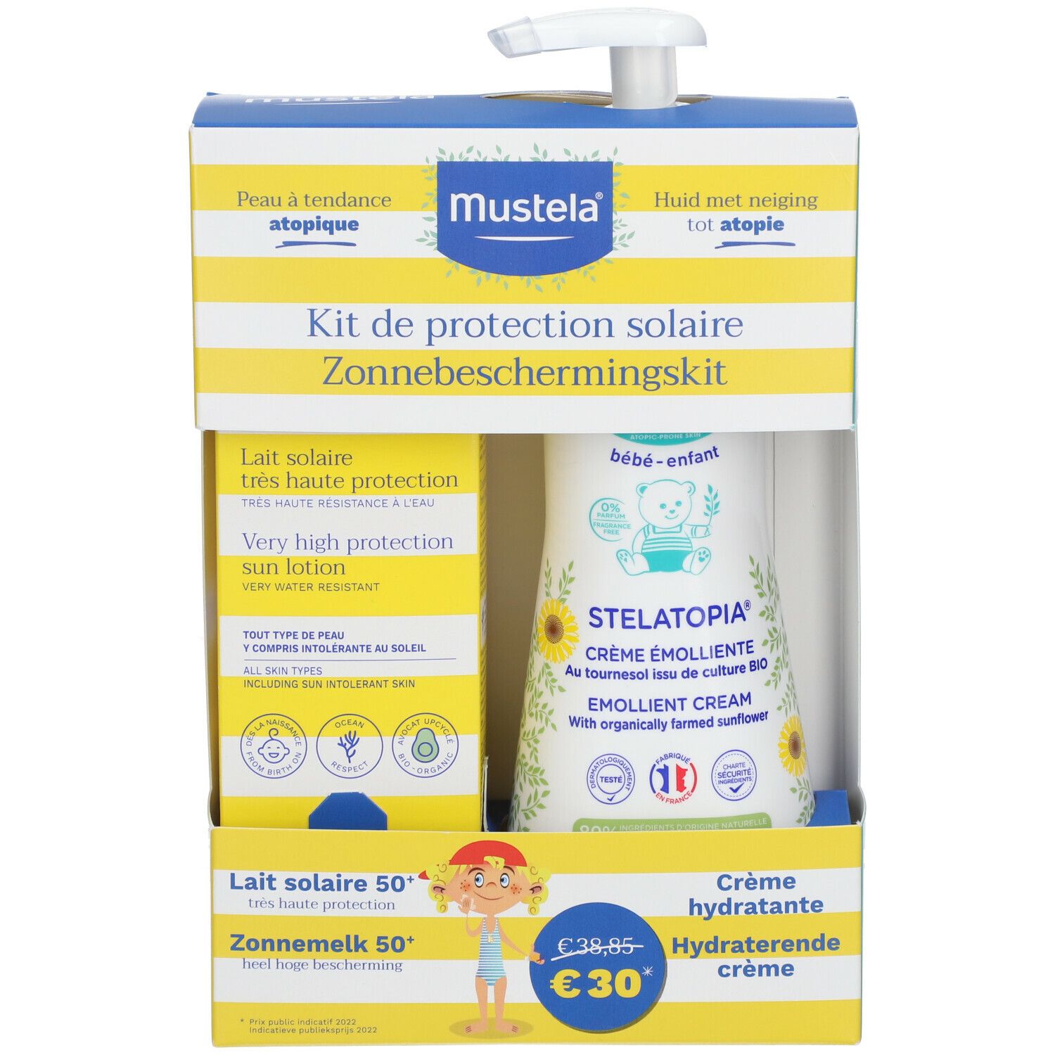 MUSTELA® zonnebeschermingskit. Gele gestreepte verpakking. Bevat zonnebrandlotion en emolliërende crème.
