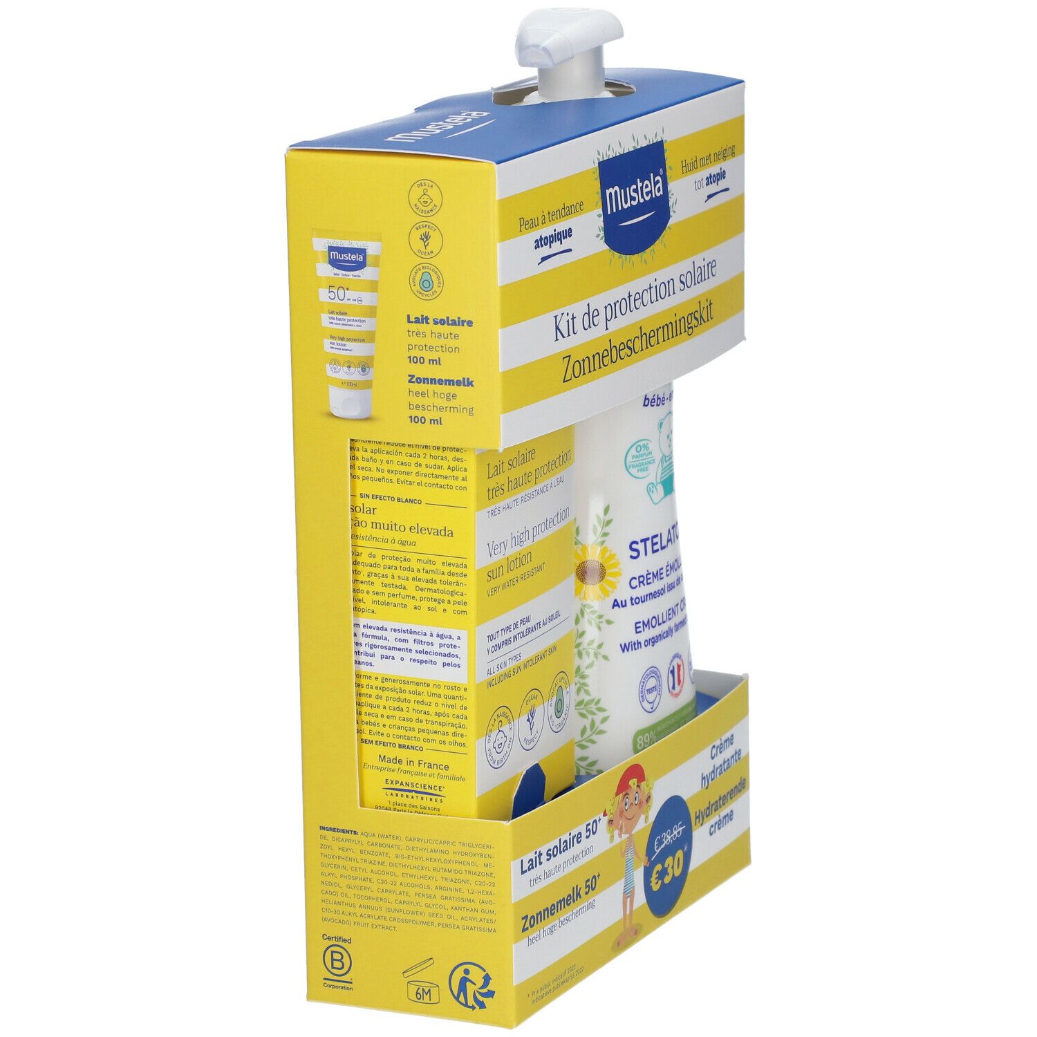 Zijkant van de MUSTELA® kit. Bevat zonnebrandlotion en emolliërende crème. Geel-blauwe verpakking met tekst.