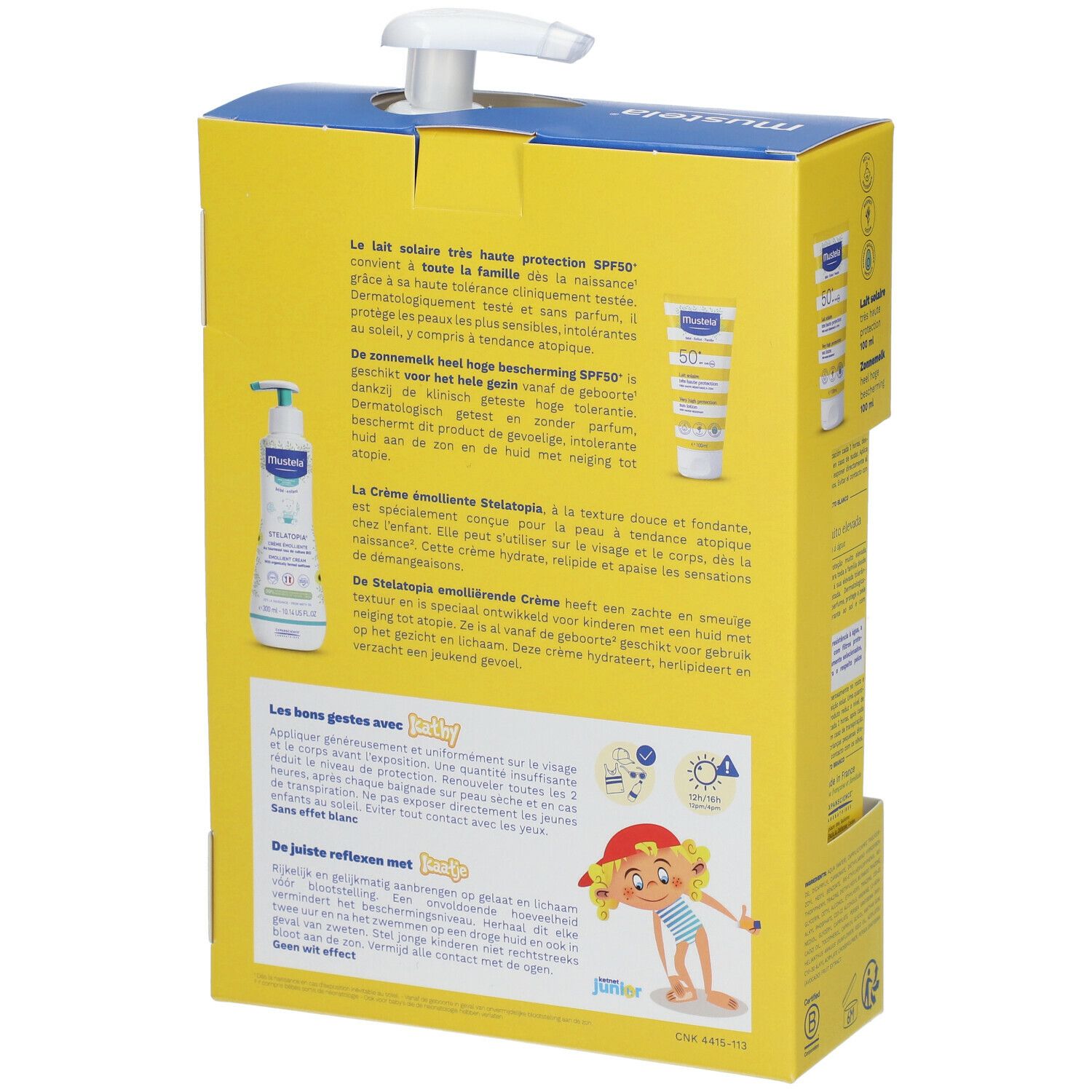 Achterkant van de MUSTELA® kit. Meertalige tekst. Informatie over zonnebrandlotion en crème.