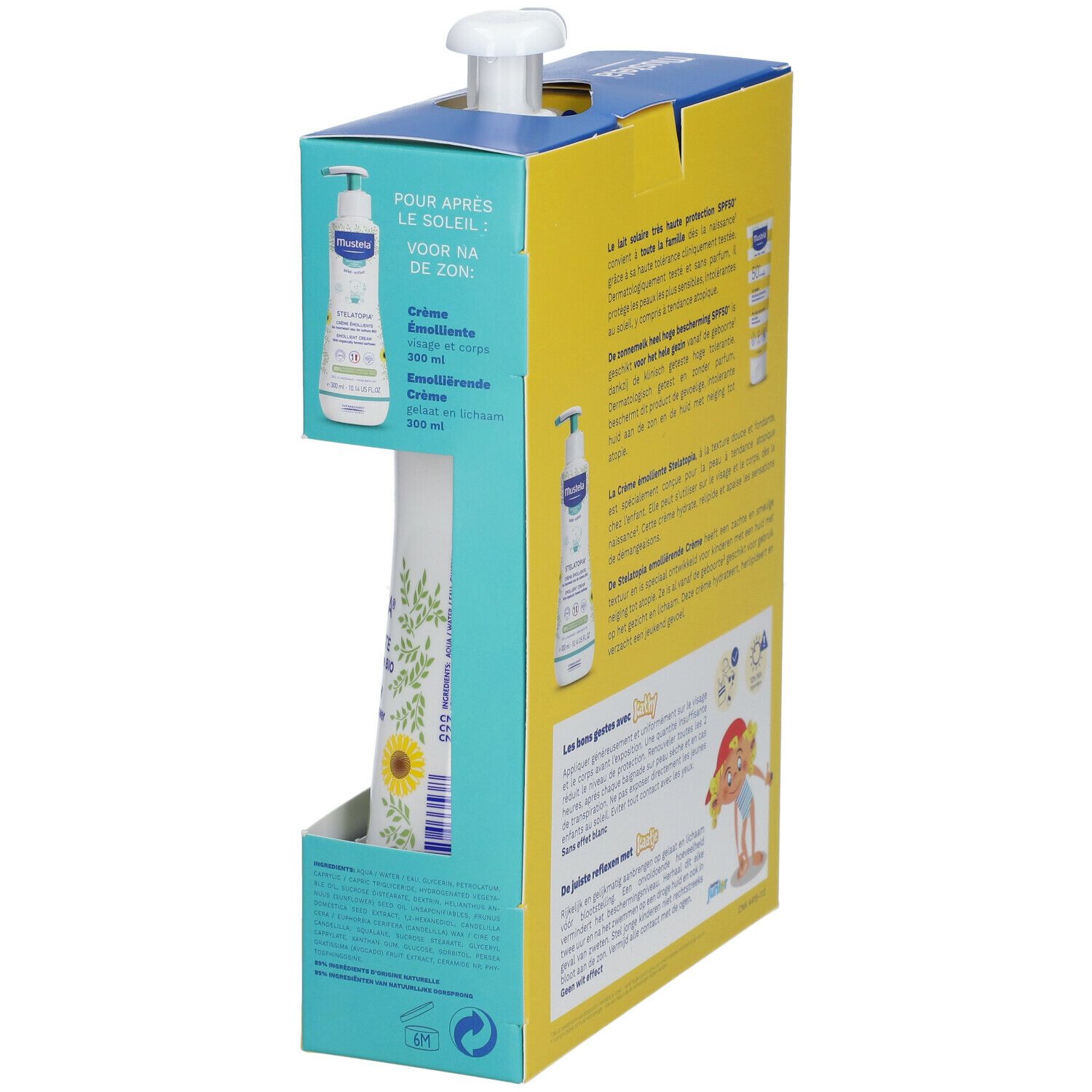 Zijkant van de MUSTELA® kit. Bevat zonnebrandlotion en crème. Geel-blauwe verpakking met tekst.