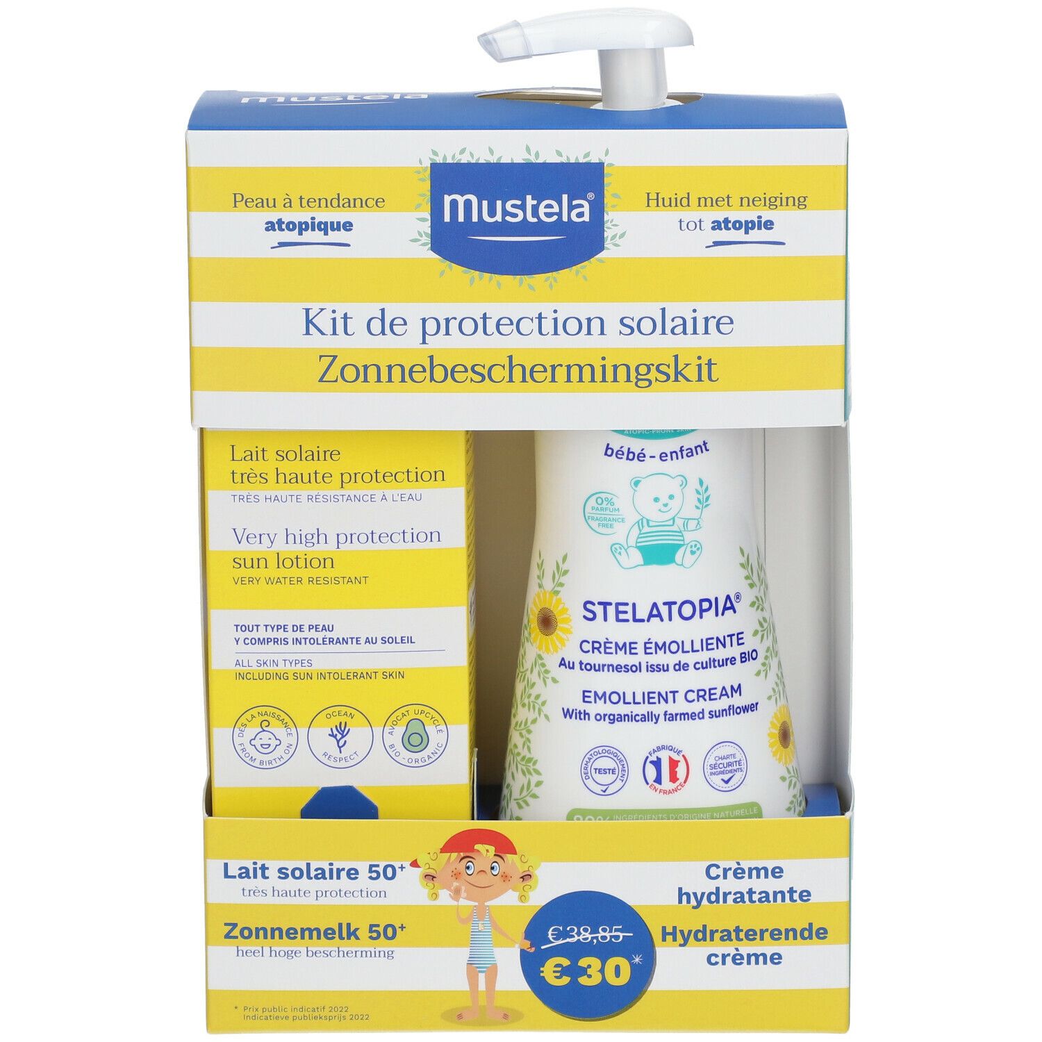 MUSTELA® zonnebeschermingskit. Gele gestreepte verpakking. Bevat zonnebrandlotion en emolliërende crème.