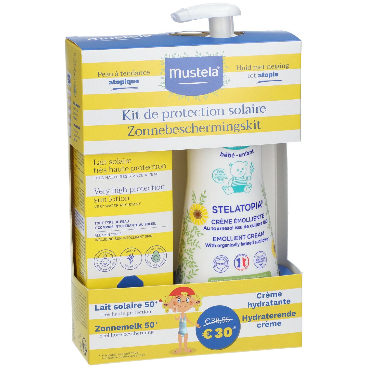 MUSTELA® zonnebeschermingskit. Gele gestreepte verpakking. Bevat zonnebrandlotion en emolliërende crème.