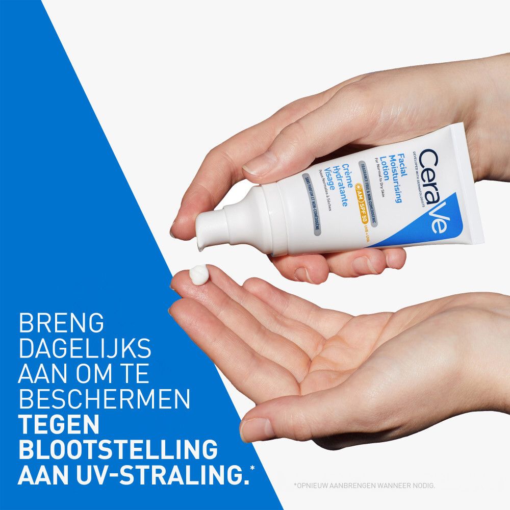 Handen houden CeraVe-product vast. Tekst: Dagelijks aanbrengen om te beschermen tegen uv-straling.