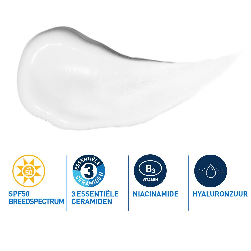 Vlek witte crème. Tekst: SPF50, 3 essentiële ceramiden, niacinamide, hyaluronzuur.