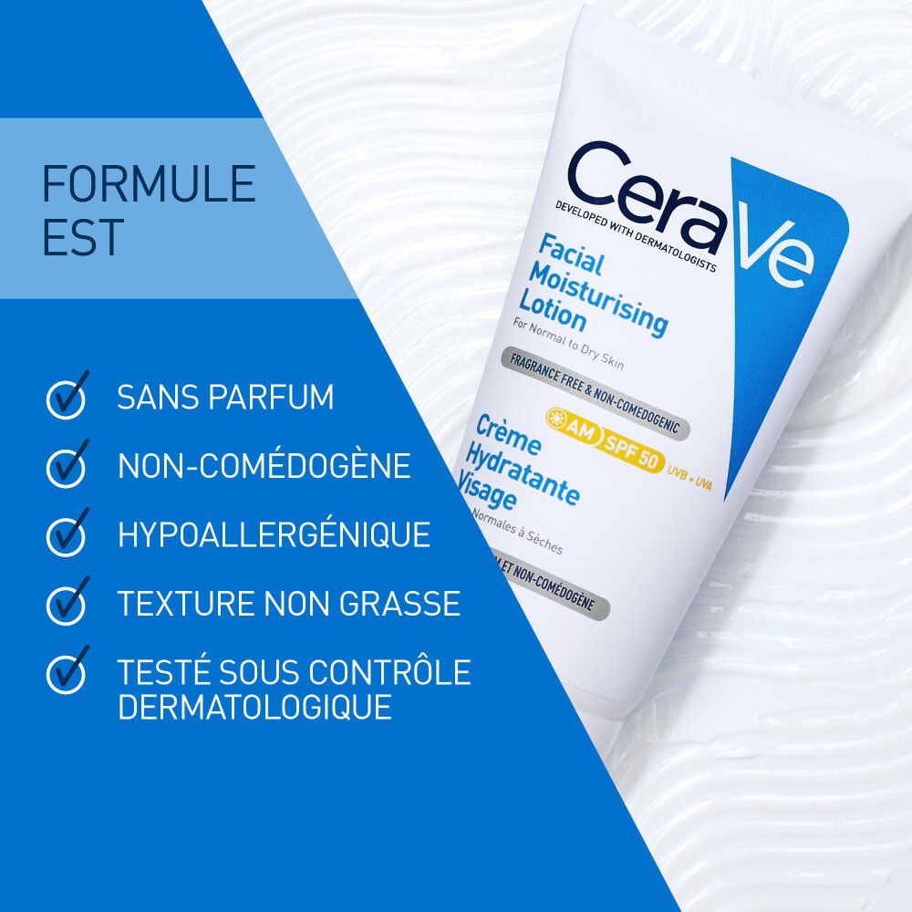 Produit CeraVe. Texte : Sans parfum, non comédogène, hypoallergénique, texture non grasse, testé dermatologiquement.