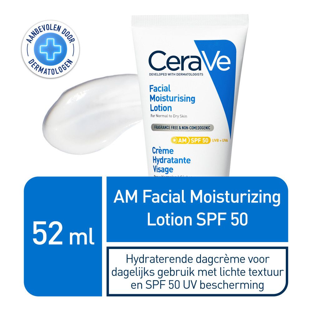 CeraVe AM Facial Moisturizing Lotion SPF 50. 52 ml. Tekst: Hydraterende dagcrème met lichte textuur.