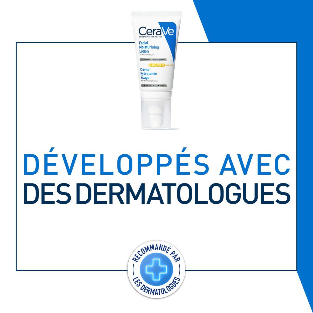 Produit CeraVe. Texte : Développé avec des dermatologues. Logo des dermatologues.