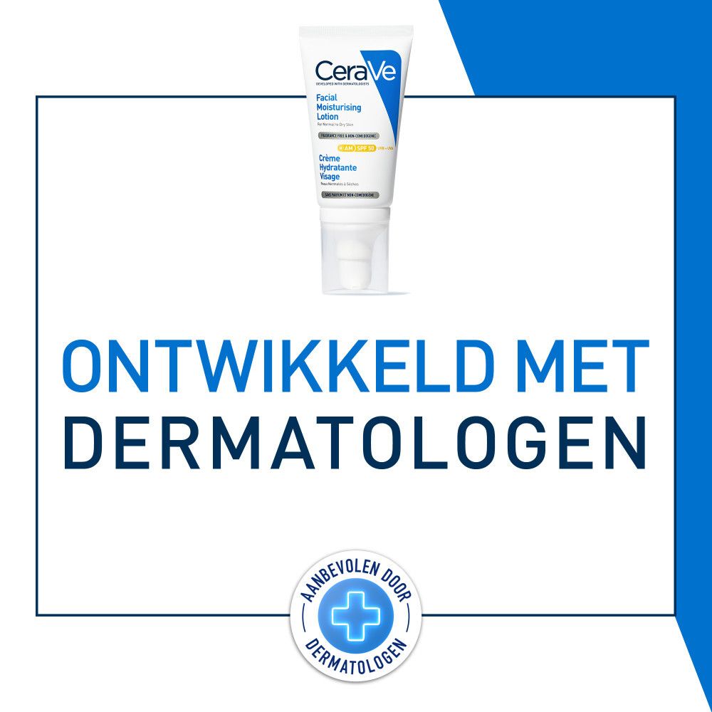 CeraVe-product. Tekst: Ontwikkeld met dermatologen. Logo van dermatologen.