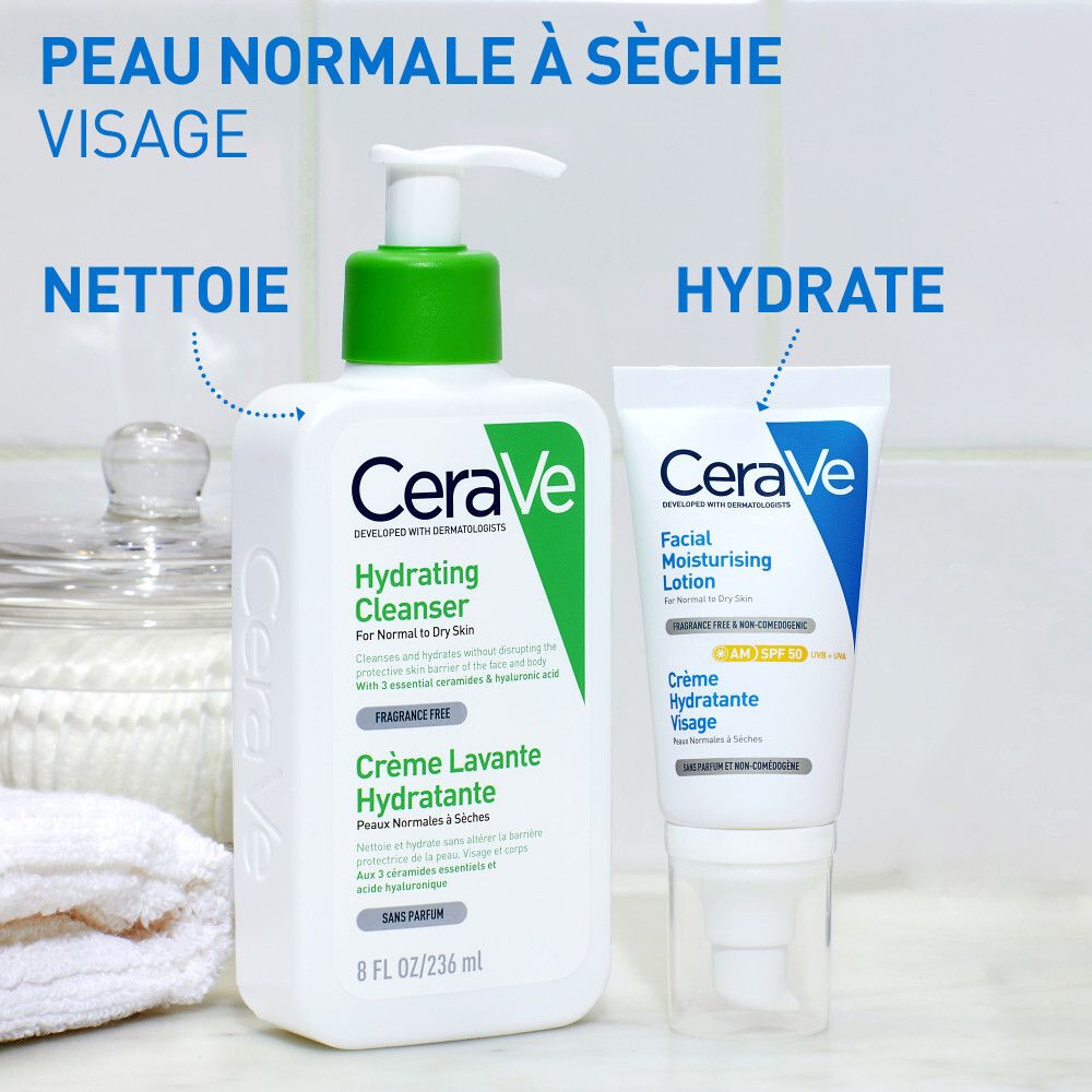 CeraVe Hydrating Cleanser et Facial Moisturising Lotion. Texte : Nettoyer et hydrater.