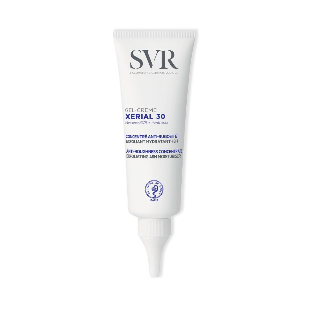 Tube blanc SVR XERIAL 30. Gel-crème. Concentré anti-rugosités. Embout applicateur.
