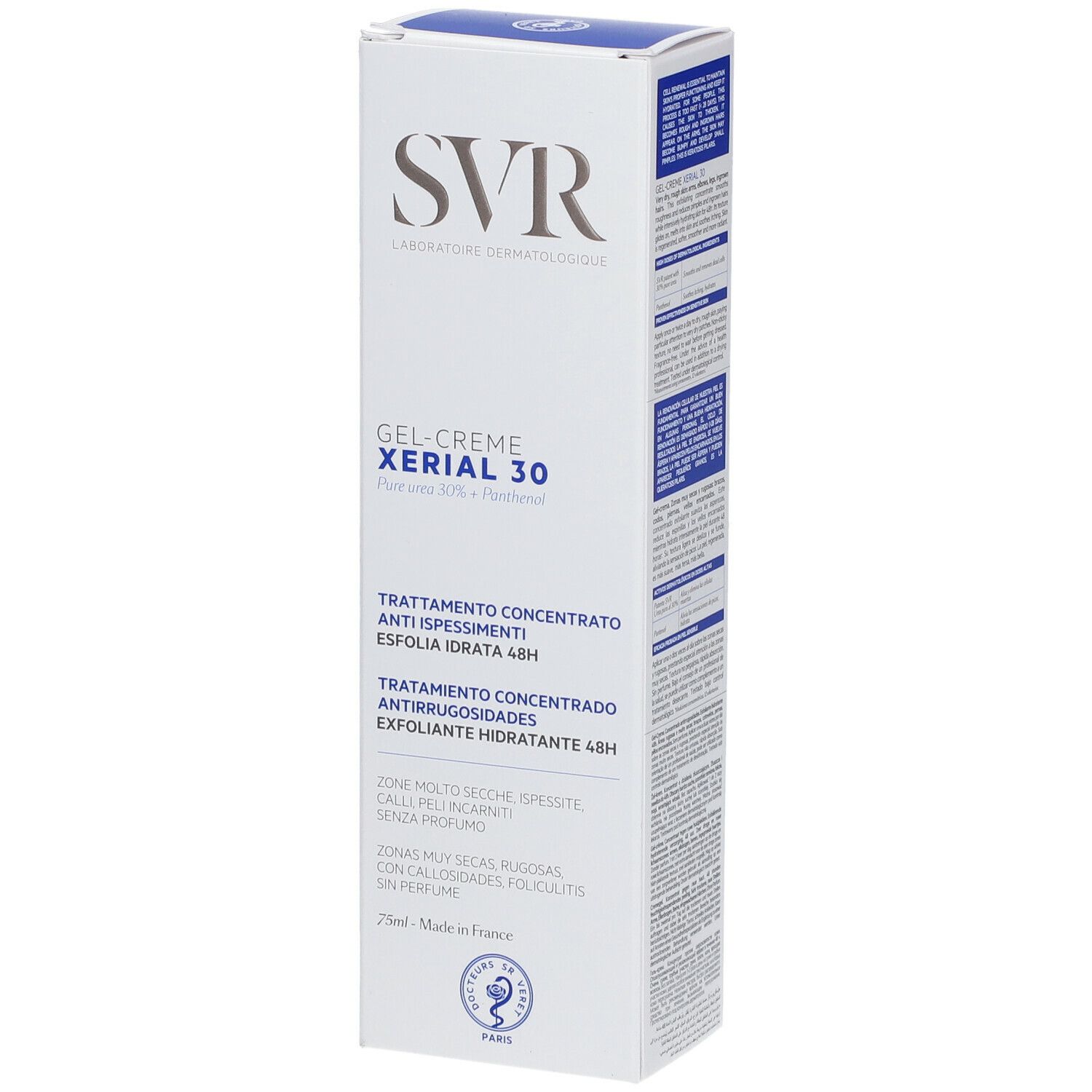 Boîte blanche SVR XERIAL 30. Texte: Anti-rugosités, hydratant 48H. Informations produit en italien.