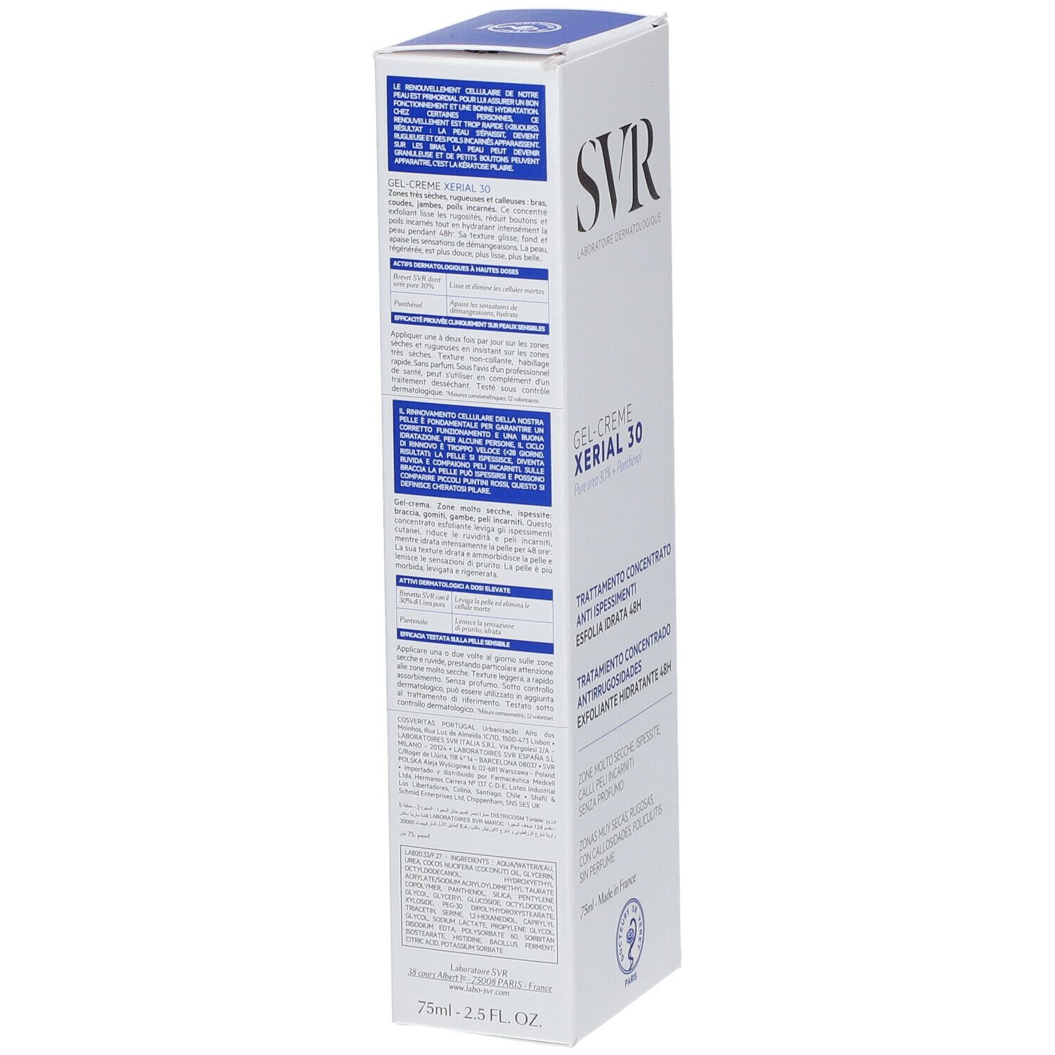 Boîte blanche SVR XERIAL 30. Texte: Anti-rugosités, hydratant 48H. Informations produit en français.