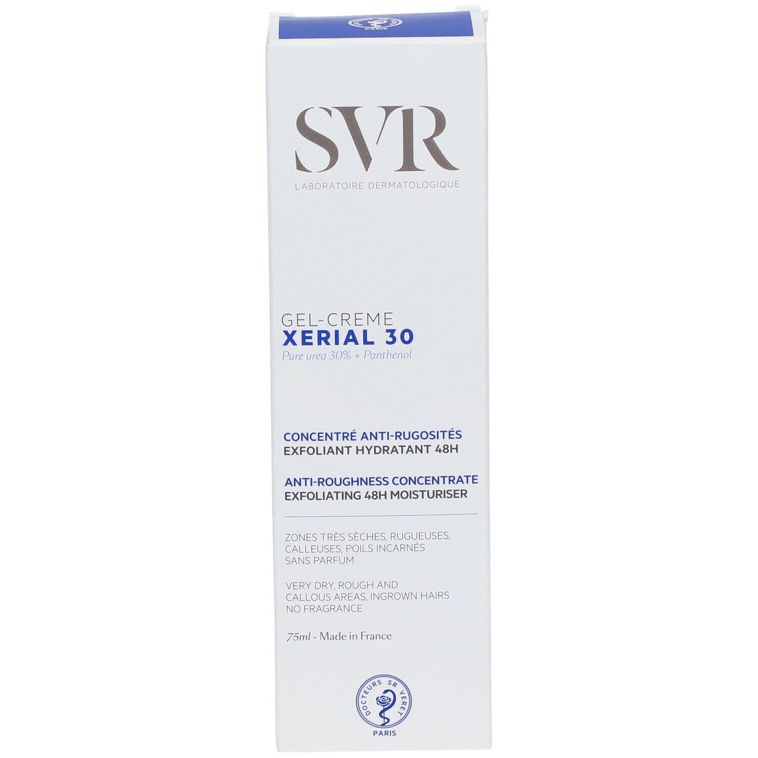 Boîte blanche SVR XERIAL 30. Texte: Anti-rugosités, hydratant 48H. Informations produit.