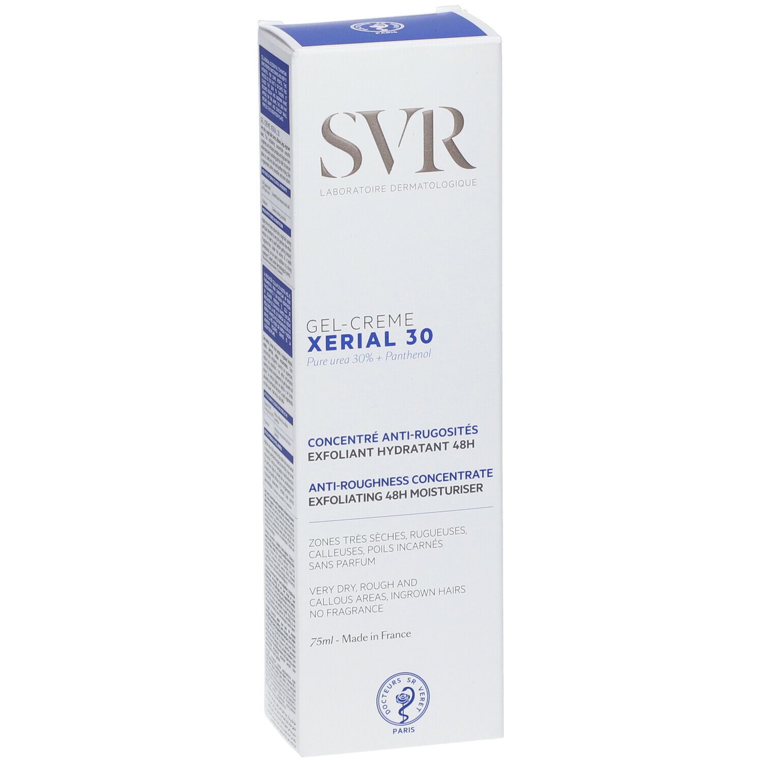 Boîte blanche SVR XERIAL 30. Texte: Anti-rugosités, hydratant 48H. Informations produit.