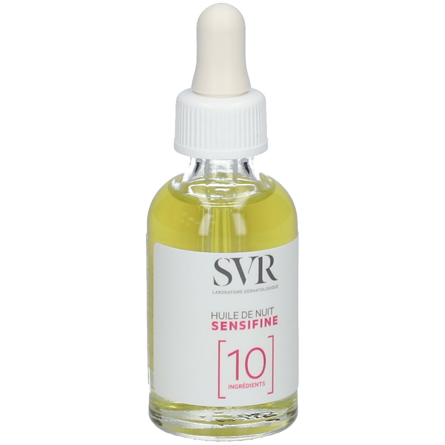 Glazen fles met pipet, gevuld met gele olie. Label: SVR, Huile de Nuit Sensifine, 10 Ingredients.