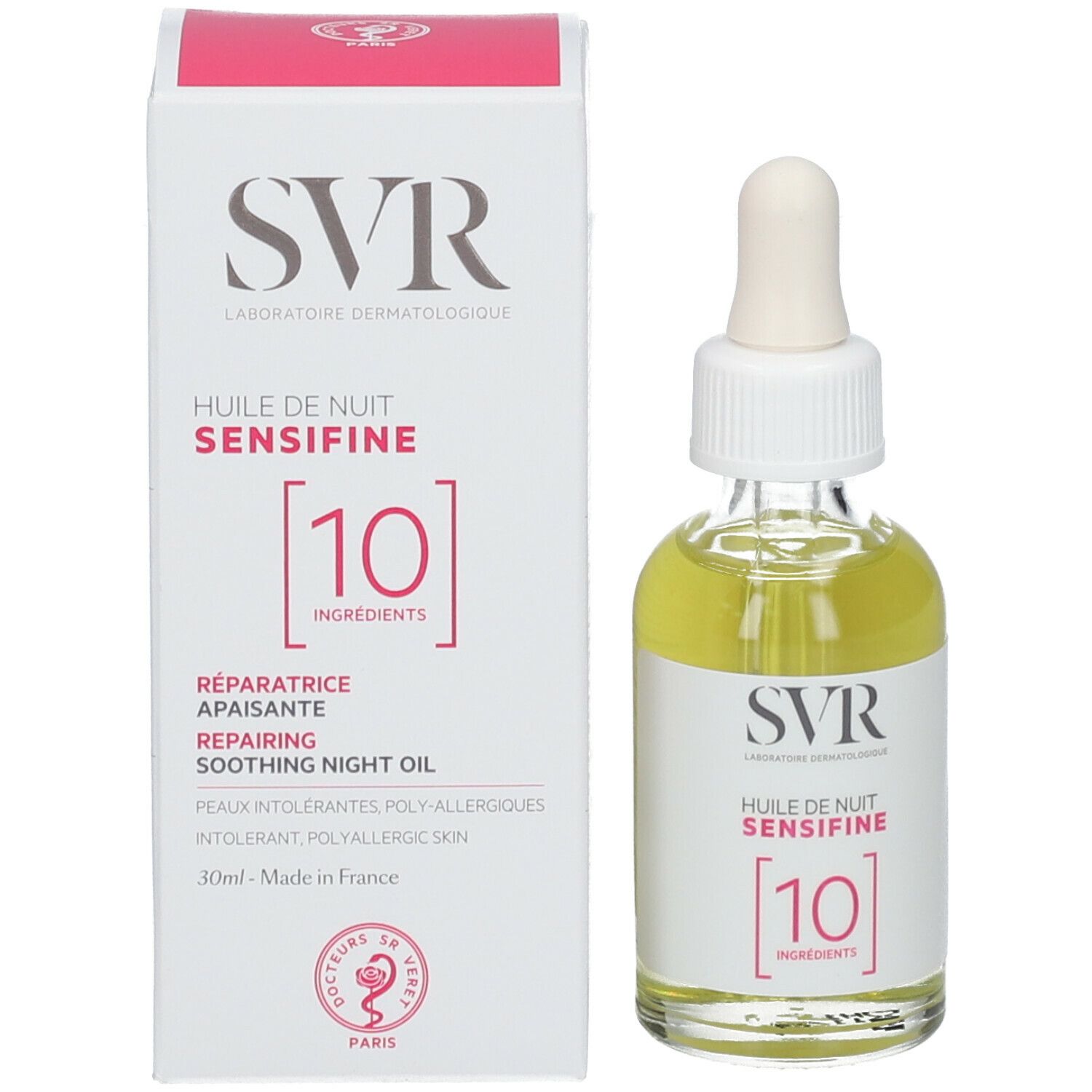 Verpakking en fles. Verpakking: wit met roze accenten. Fles: glas met pipet, gele olie. Opschrift: SVR, Huile de Nuit Sensifine.