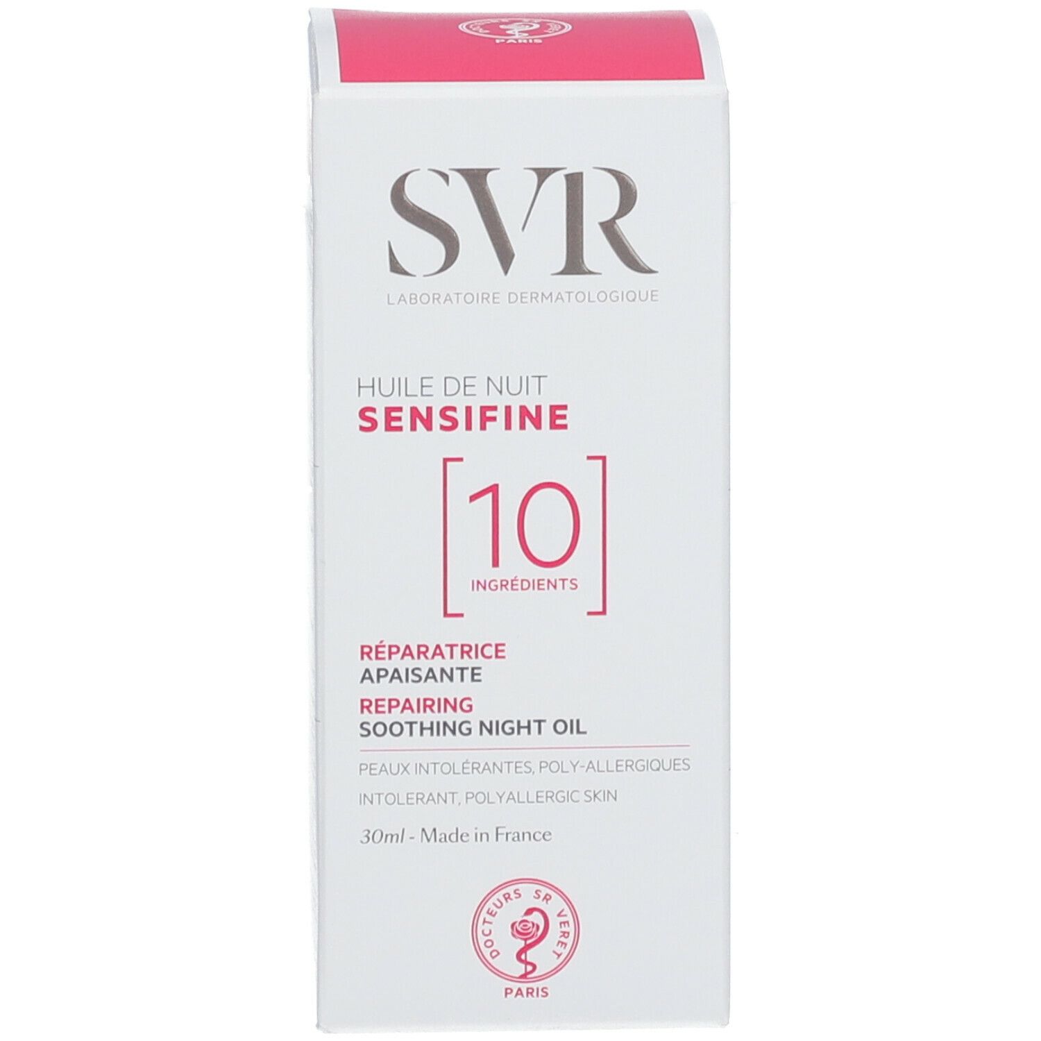 Verpakking, wit met roze accenten. Opschrift: SVR, Huile de Nuit Sensifine, 10 Ingredients. Tekst: Réparatrice apaisante.