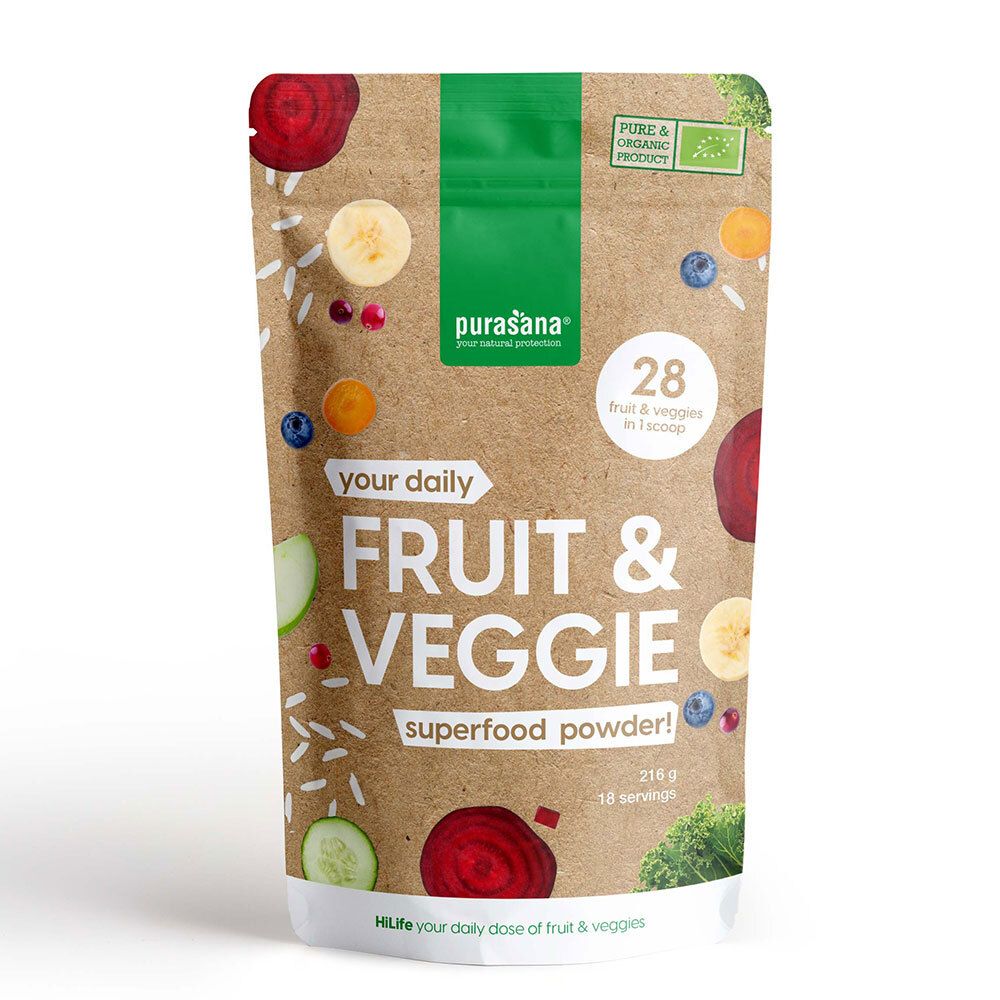 Zakje purasana® Fruit & Veggie Superfood. Bedrukt met productnaam, 28 porties, biologisch label en illustraties van fruit en groenten.